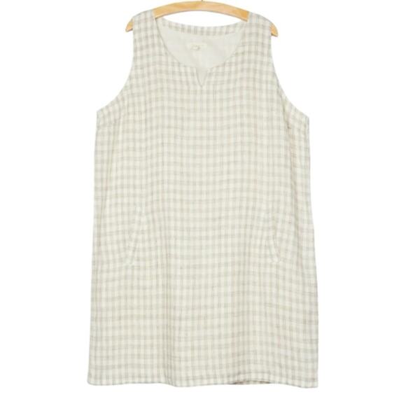 Eileen Fisher Organic Linen Slub Gingham Check Shift Dress size medium Natural - Picture 2 of 10